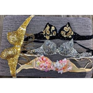 FOUR BEADED/SEQUINED FESTIVAL BRAS, SZ 34C